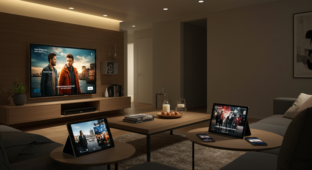 Een moderne woonkamer met verschillende apparaten die IPTV-content streamen, inclusief een smart TV, tablet en smartphone