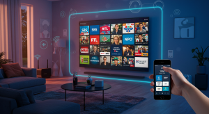 Moderne woonkamer met smart TV voor Nederlandse IPTV-streaming in 2025. Geniet van SBS, RTL, en NPO in HD en 4K kwaliteit met de beste IPTV-providers.