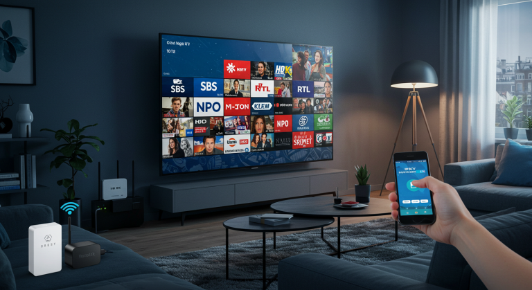 Moderne woonkamer met smart TV voor Nederlandse IPTV-streaming in 2025. Geniet van SBS, RTL, en NPO in HD en 4K kwaliteit met de beste IPTV-abonnementen.